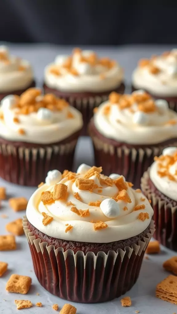 Close-up of S'mores Cupcakes topped with cream and crushed graham crackers.