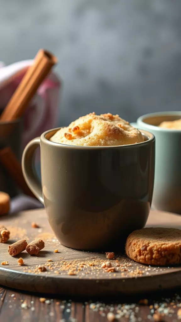 A close-up of a snickerdoodle mug cake with cinnamon sticks and cookies in the background.