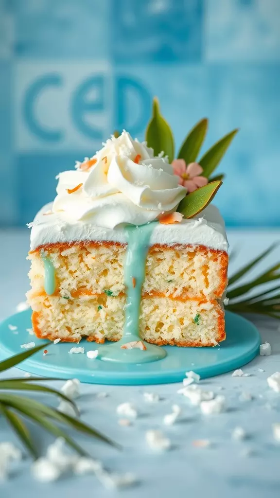 A slice of Sonic Ocean Water Poke Cake, decorated with whipped cream and tropical leaves.