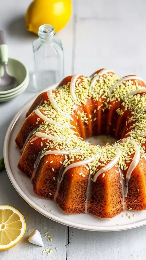 Sourdough Lemon Poppy Seed Bundt Cake on a plate with lemon and decorative elements.