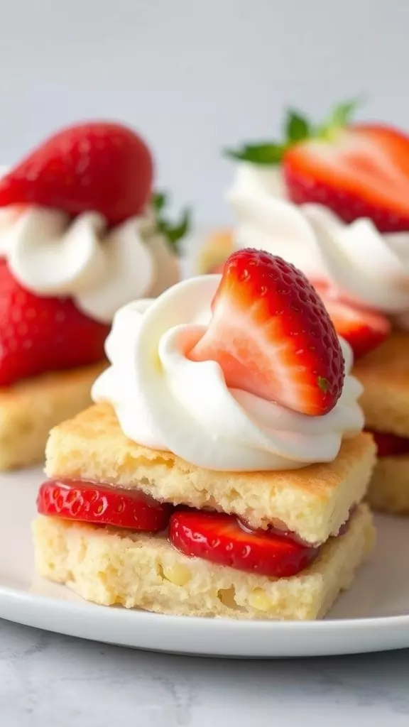 Delicious sourdough strawberry shortcakes topped with whipped cream and fresh strawberries.