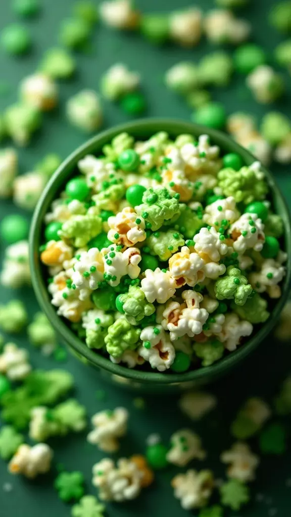 A bowl of St. Patrick's Day themed popcorn mix with green sprinkles and candies.