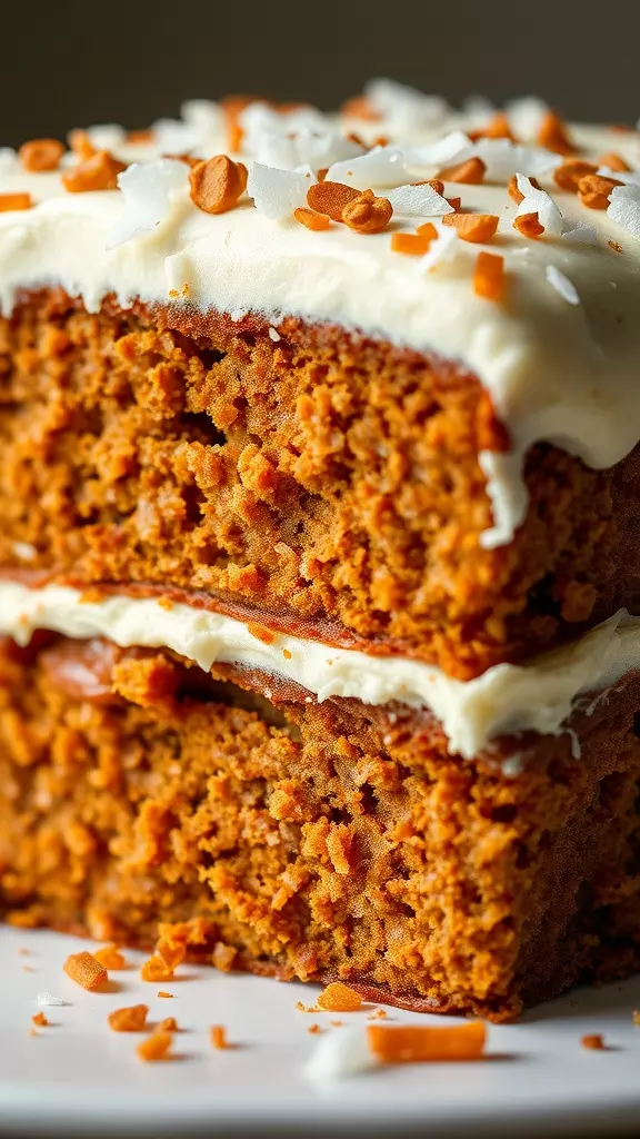 A close-up of a slice of carrot cake topped with cream cheese frosting and orange toppings.