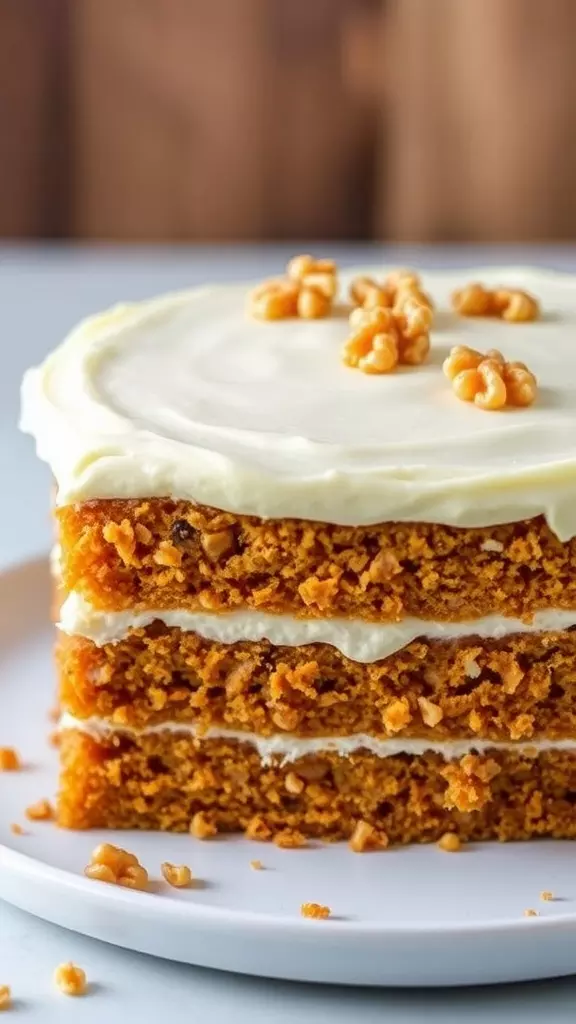 A close-up of a layered carrot cake topped with cream cheese frosting and walnuts