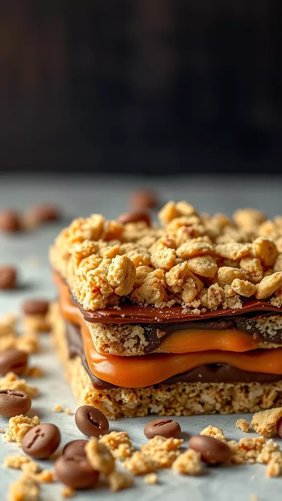 Close-up of a cookie crumble dessert with chocolate and caramel layers, topped with crushed cookies.