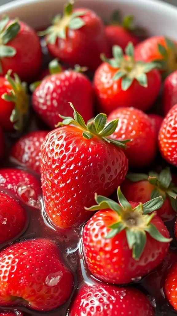 A bowl of fresh strawberries in a sweet sugar syrup