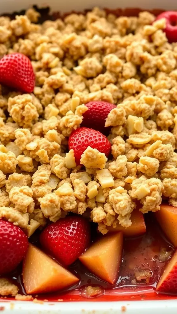 Strawberry apple crisp with a golden topping and fresh strawberries on top.