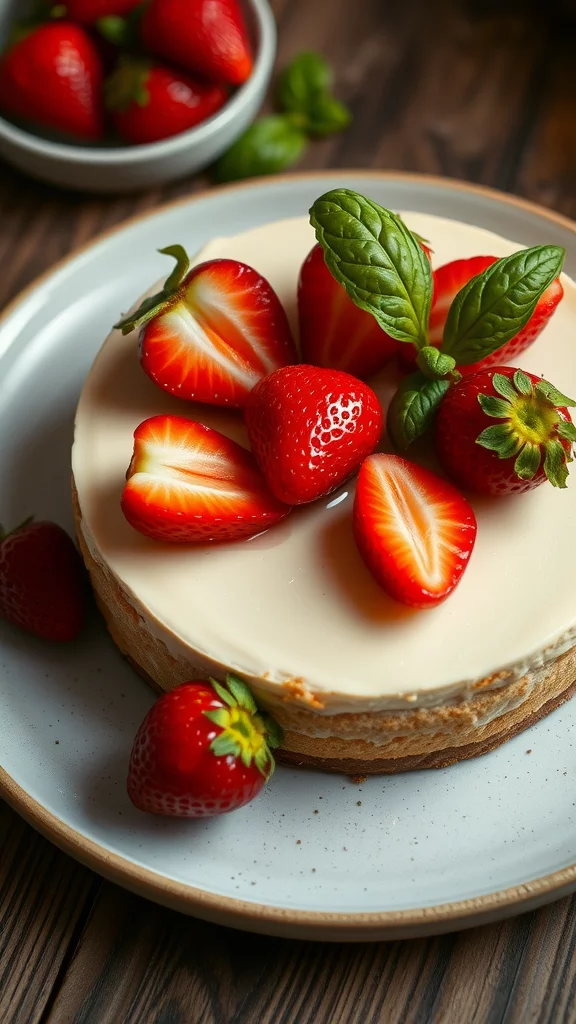 A delicious strawberry basil cheesecake topped with fresh strawberries and mint leaves.