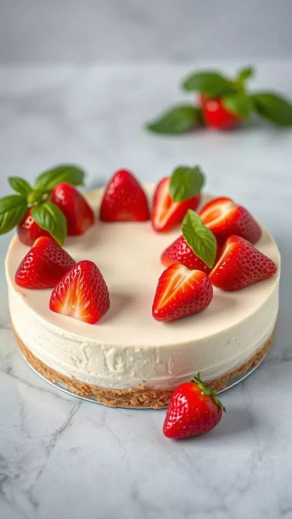 A delicious strawberry basil cheesecake topped with fresh strawberries and basil leaves.