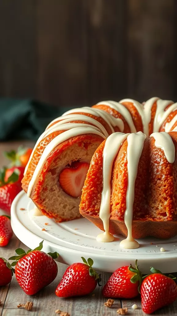 A delicious Strawberry Bundt Cake drizzled with white chocolate ganache, surrounded by fresh strawberries.