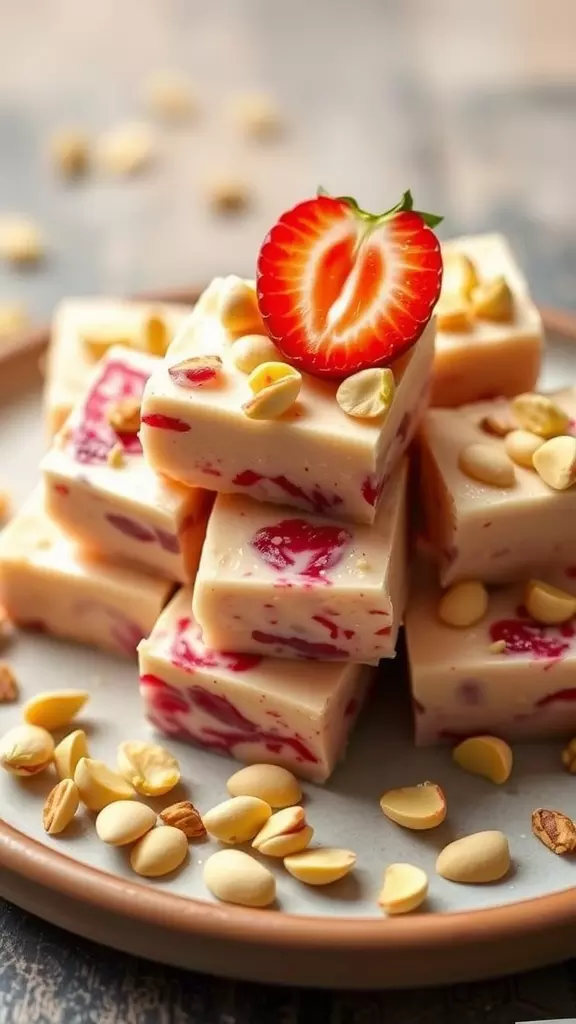 A plate of strawberry burfi topped with a fresh strawberry and nuts