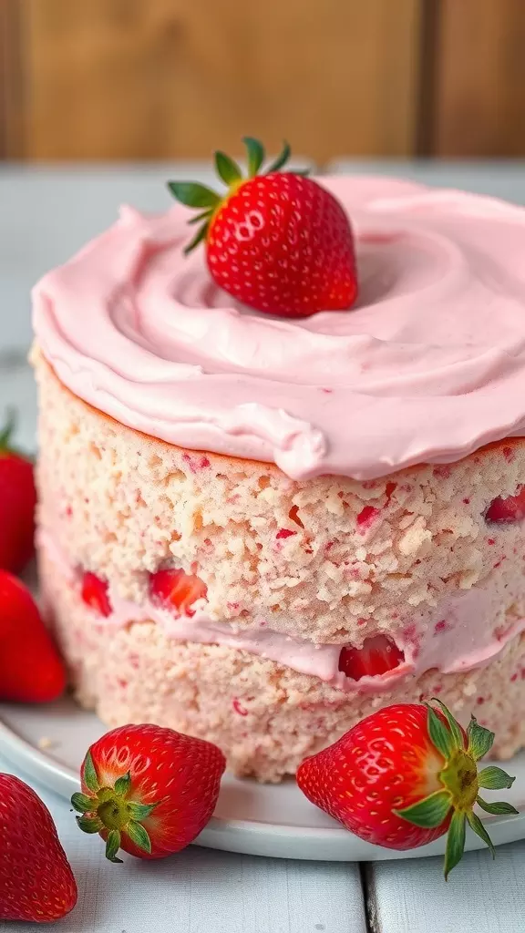 A beautiful strawberry cake decorated with fresh strawberries on top.