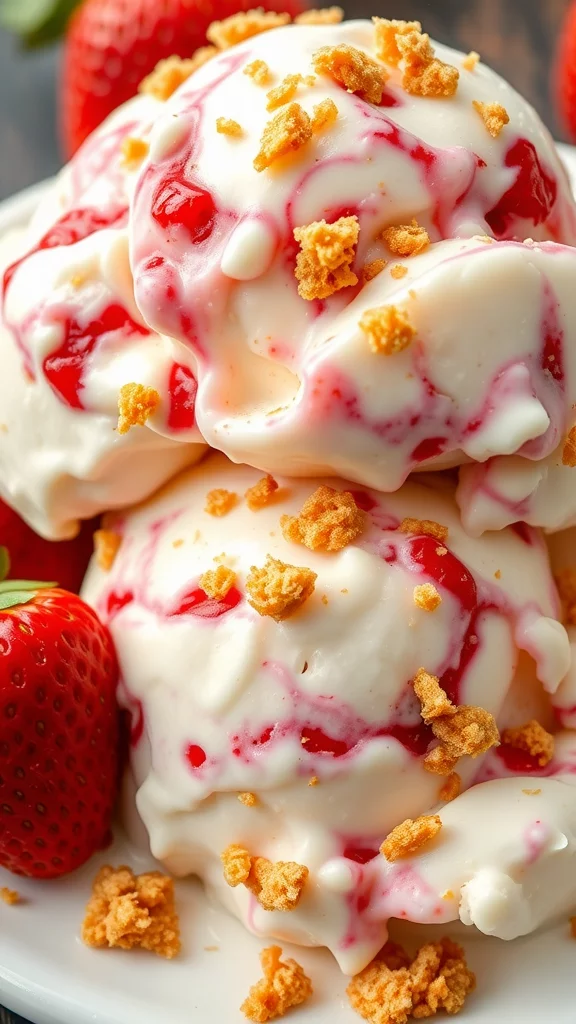 Close-up view of strawberry cheesecake ice cream with strawberries and cake pieces