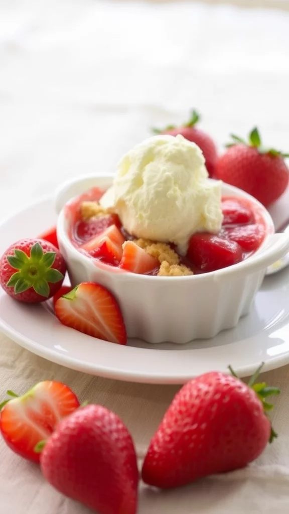 A close-up of fresh strawberries topped with golden cobbler dough.