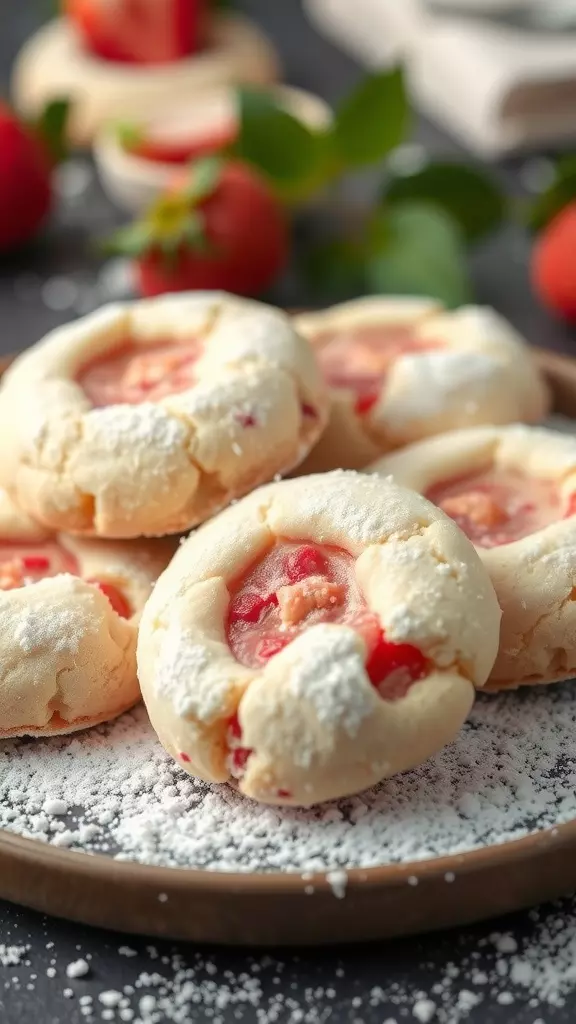 Delicious strawberry cookies dusted with powdered sugar on a wooden plate.