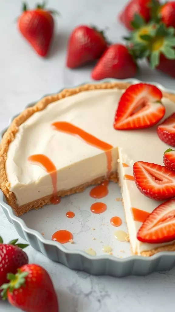 A delicious strawberry cream cheesecake pie with fresh strawberry slices on top and a slice cut out.