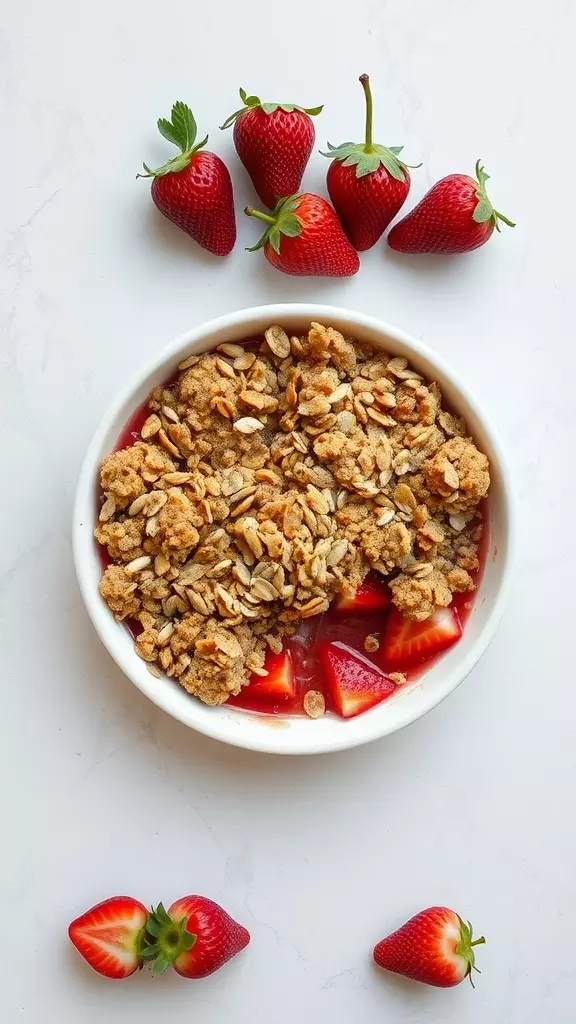 A bowl of strawberry crumble surrounded by fresh strawberries.