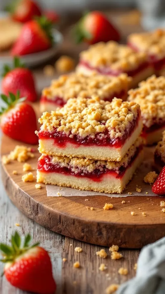 Strawberry crumble bars are a fun and easy treat to whip up. With a buttery crust and a sweet strawberry filling, they're perfect for any gathering. Serve them with a scoop of ice cream for an extra special touch!