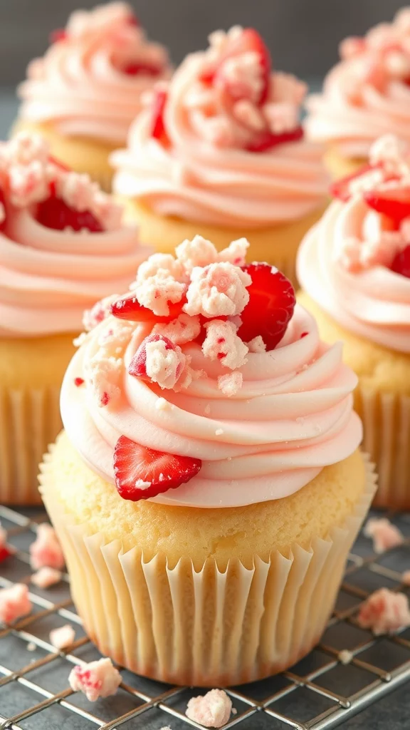 Four strawberry crunch cupcakes with pink frosting and sprinkles on a grey background.