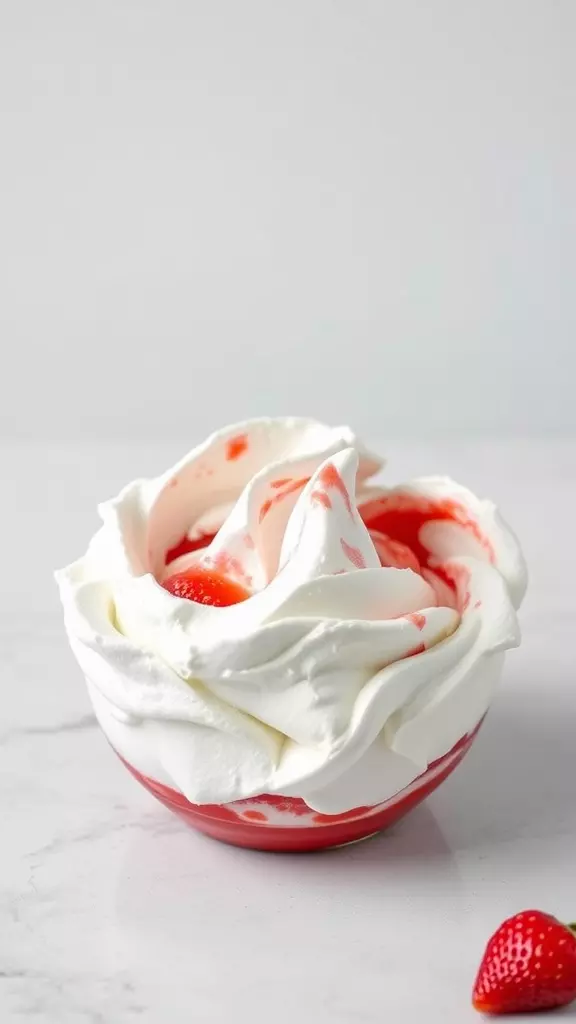 A bowl of Strawberry Fool with whipped cream and strawberries.