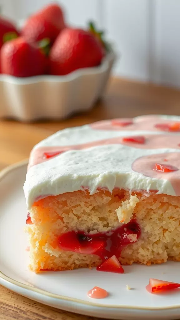 A slice of Strawberry Jello Poke Cake with fresh strawberries in the background.