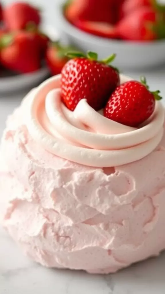 A serving of strawberry mousse topped with fresh strawberries.