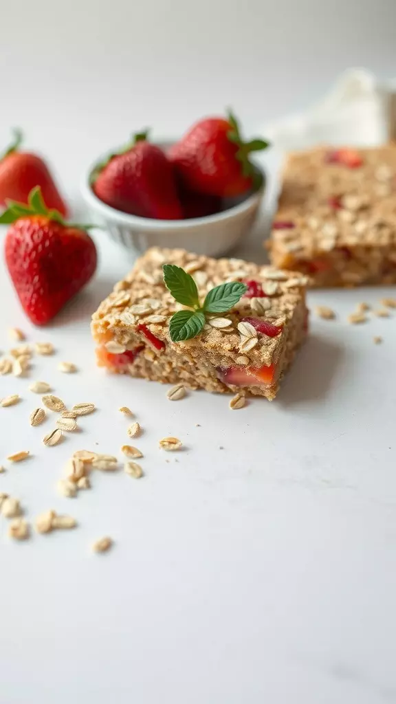 Strawberry oat flapjacks with fresh strawberries on the side.