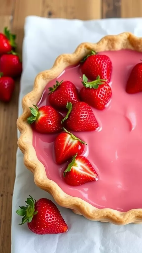 A vibrant strawberry pie with a shiny Jello filling and fresh strawberries on top.