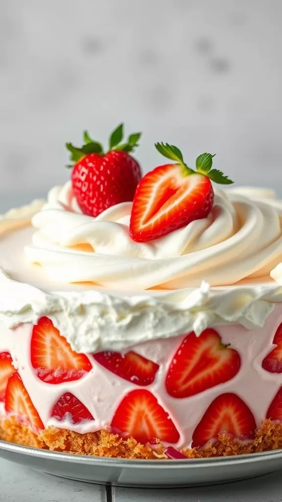 A delicious strawberry poke cake topped with whipped cream and fresh strawberries.