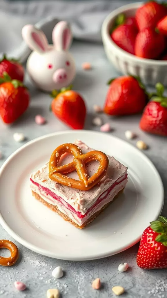 A slice of Strawberry Pretzel Salad topped with a pretzel, surrounded by fresh strawberries.