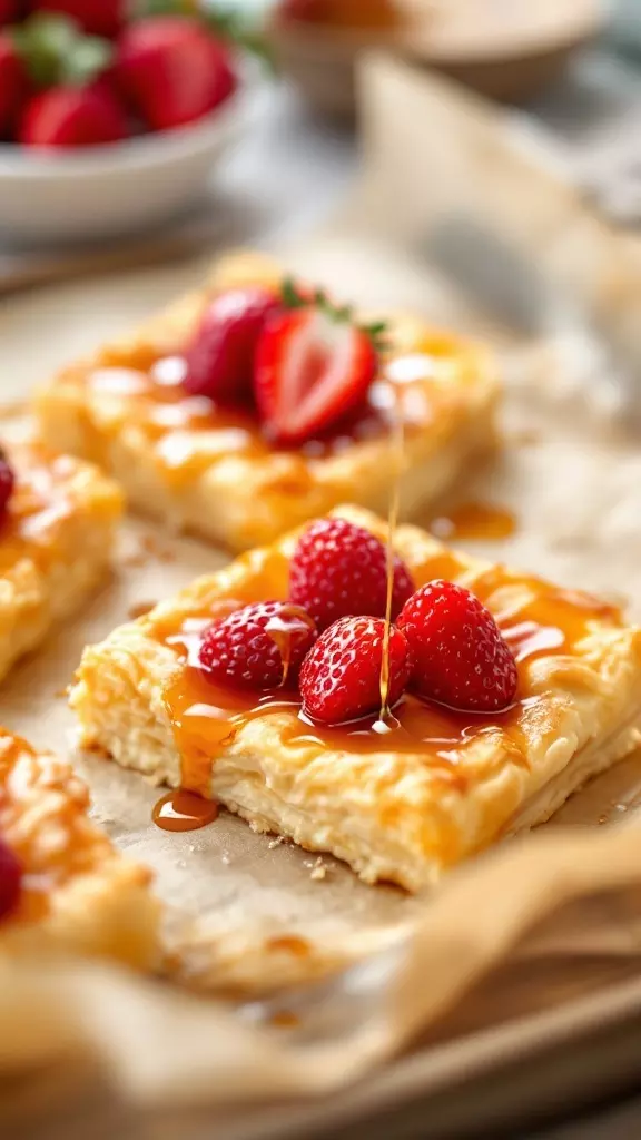 These strawberry puff pastry tarts are a breeze to make and taste amazing! Just bake the puff pastry until golden, top it with sweet cream cheese, and add fresh strawberries. Drizzle with a little caramel for that extra yum factor!