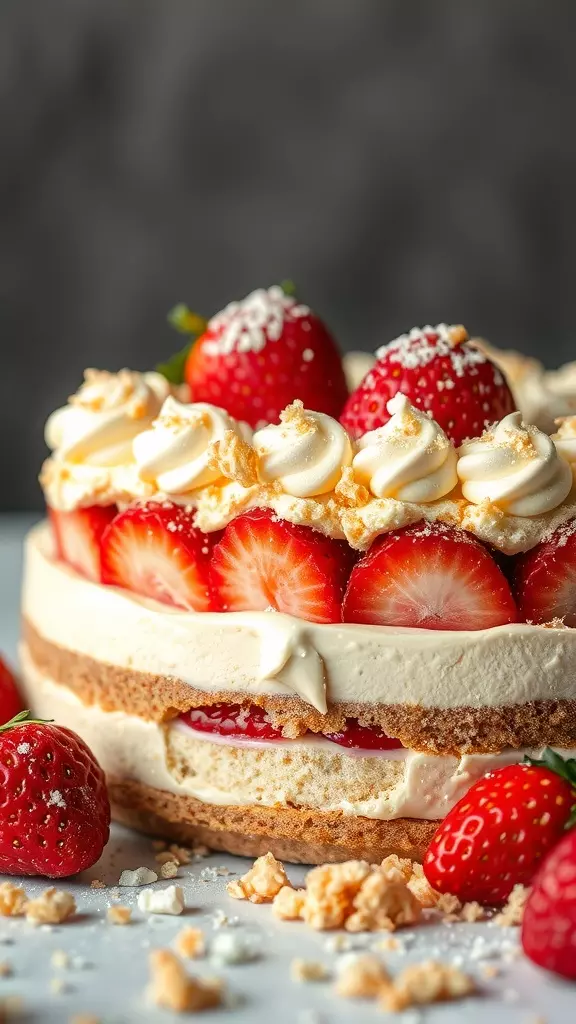 A beautiful Strawberry Shortcake Cheesecake topped with fresh strawberries and whipped cream.