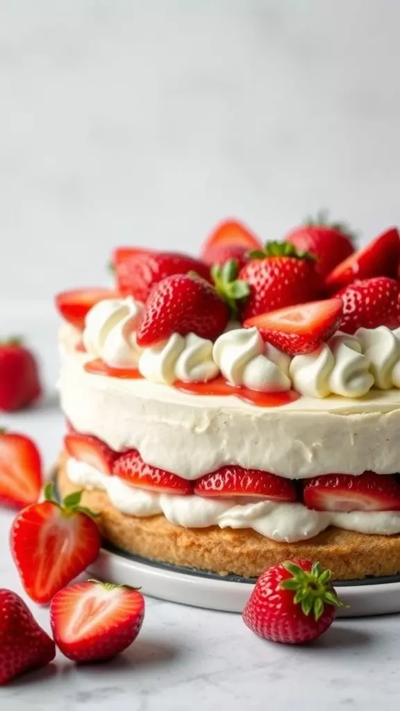 Strawberry Shortcake No Bake Cheesecake with fresh strawberries on top