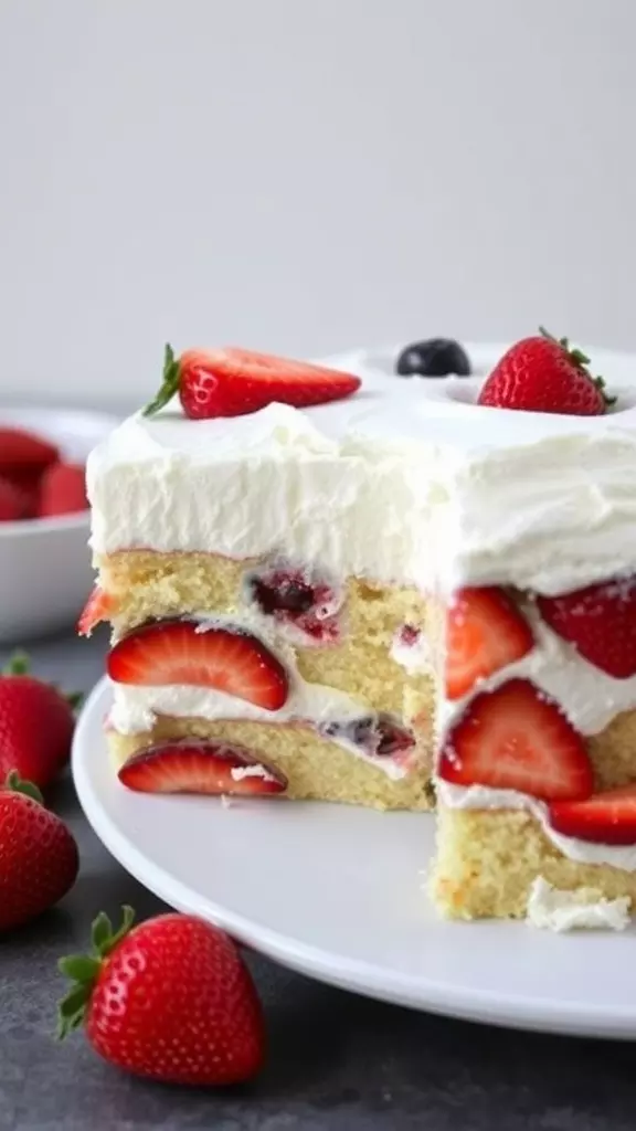 A slice of strawberry shortcake poke cake on a white plate, topped with strawberries and whipped cream.