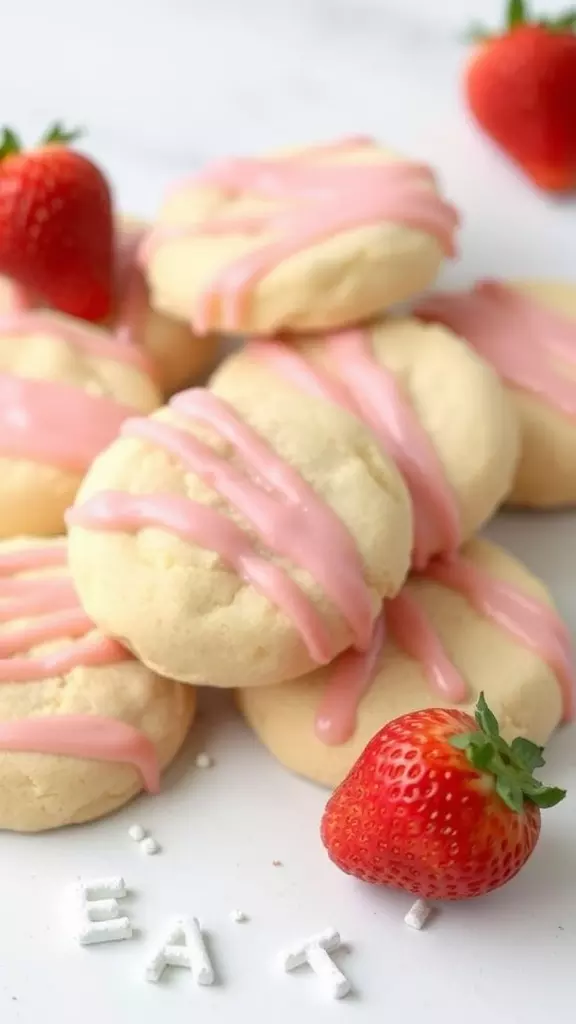 Delicious strawberry sugar cookies with pink icing and fresh strawberries