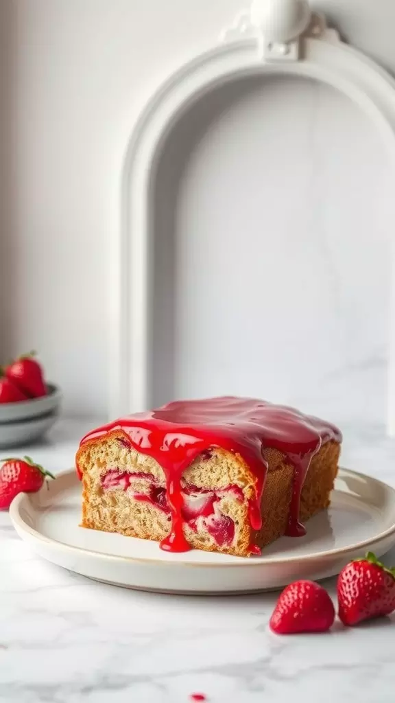 A slice of Strawberry Swirl Spelt Pound Cake topped with red strawberry glaze on a plate.