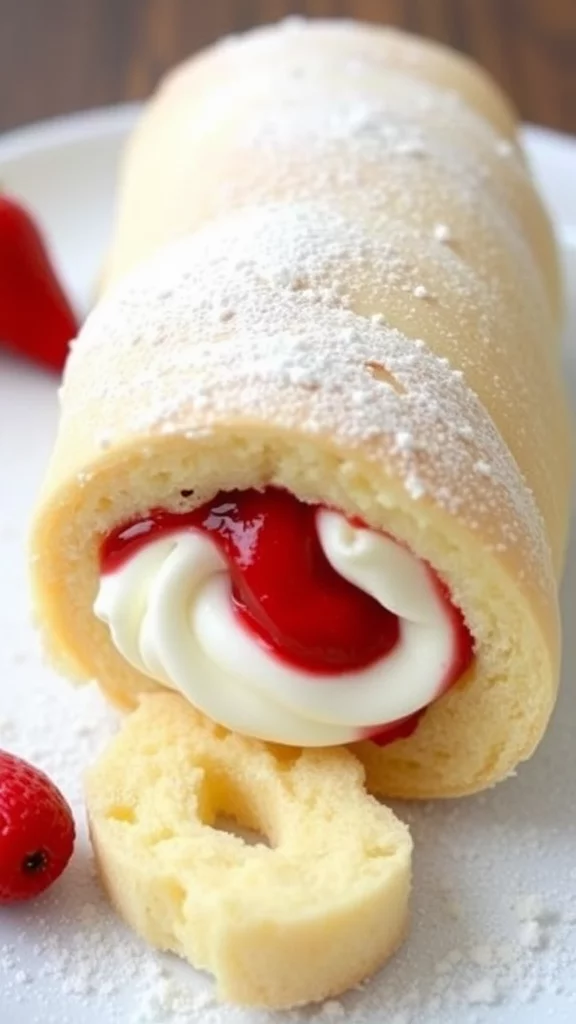 A delicious Strawberry Swiss Roll with whipped cream and fresh strawberries.