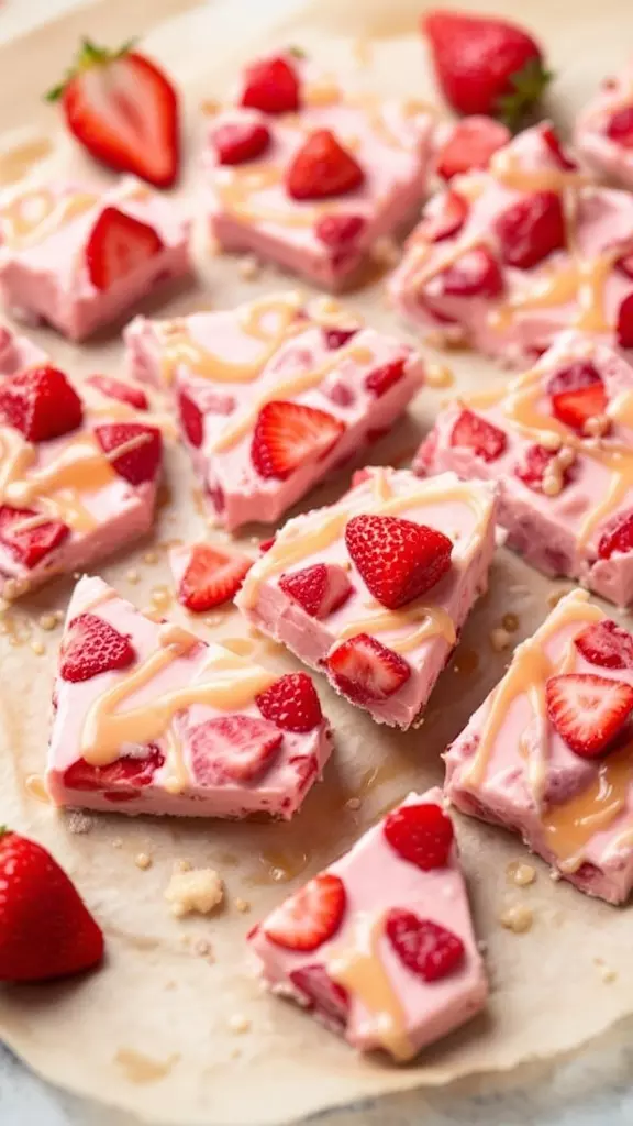 Strawberry yogurt bark is a fun and easy treat to whip up. Just mix yogurt with fresh strawberries, spread it on a baking sheet, and freeze. Cut it into pieces for a cool snack everyone will love!