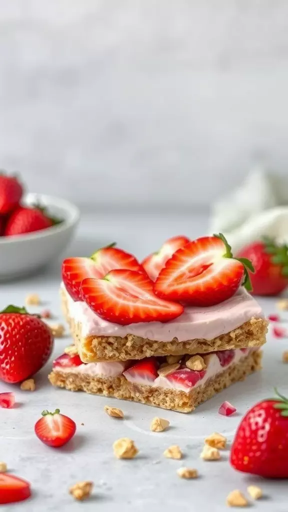 Delicious strawberry yogurt crumb bars with fresh strawberries on top