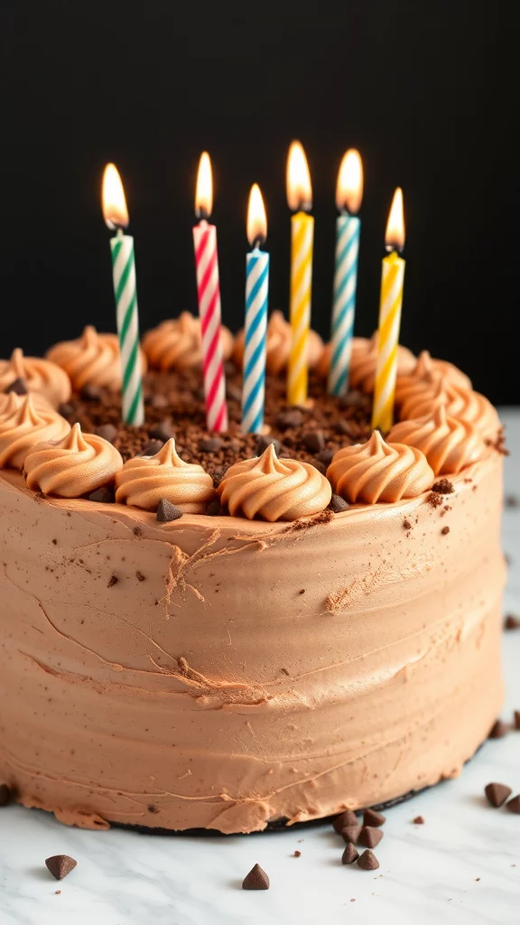 A delicious sugar-free chocolate birthday cake with candles on top.