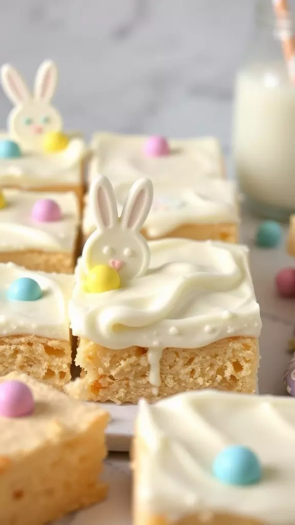 Sugar cookie bars decorated for Easter with cream cheese frosting and pastel candies.