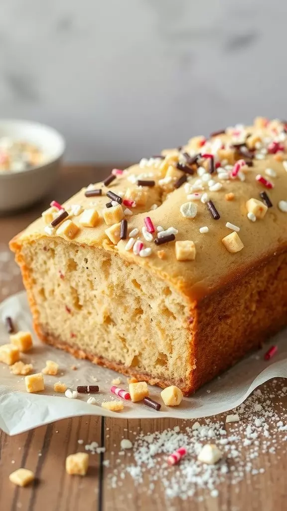 A delicious sugar cookie loaf cake topped with colorful sprinkles.