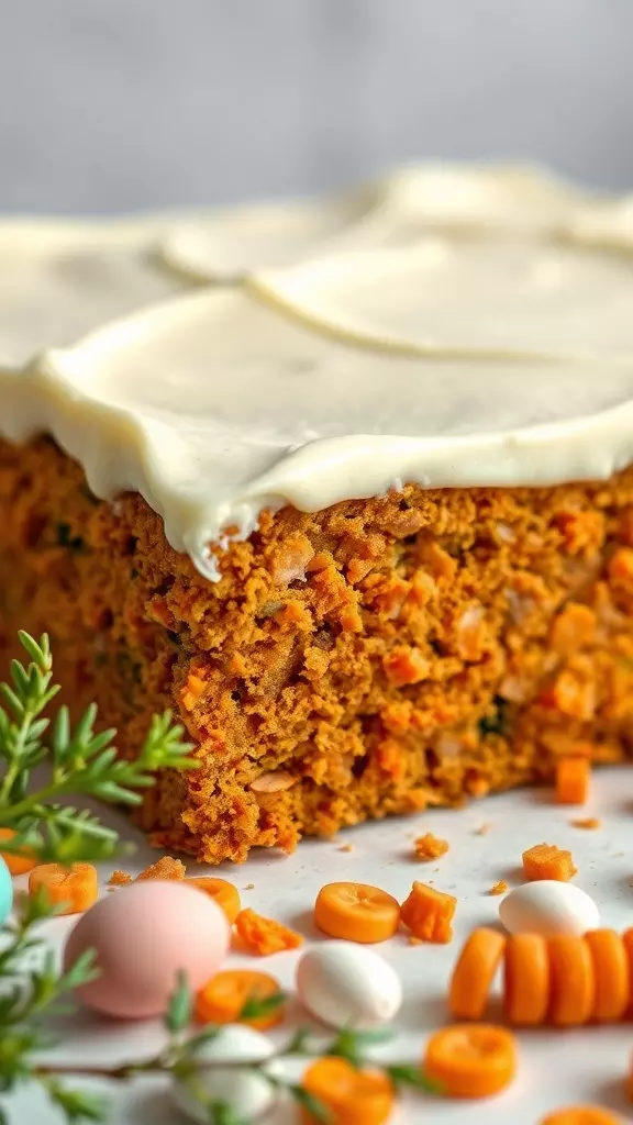 Close-up of a super moist carrot sheet cake topped with cream cheese frosting, surrounded by colorful candies and greenery.