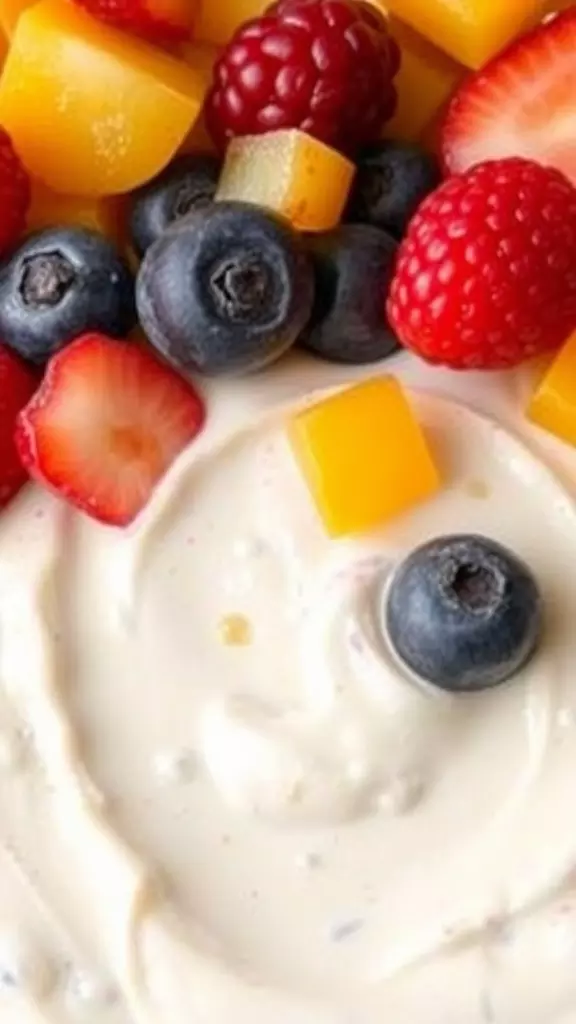 A creamy fruit dip topped with various berries and mango pieces.