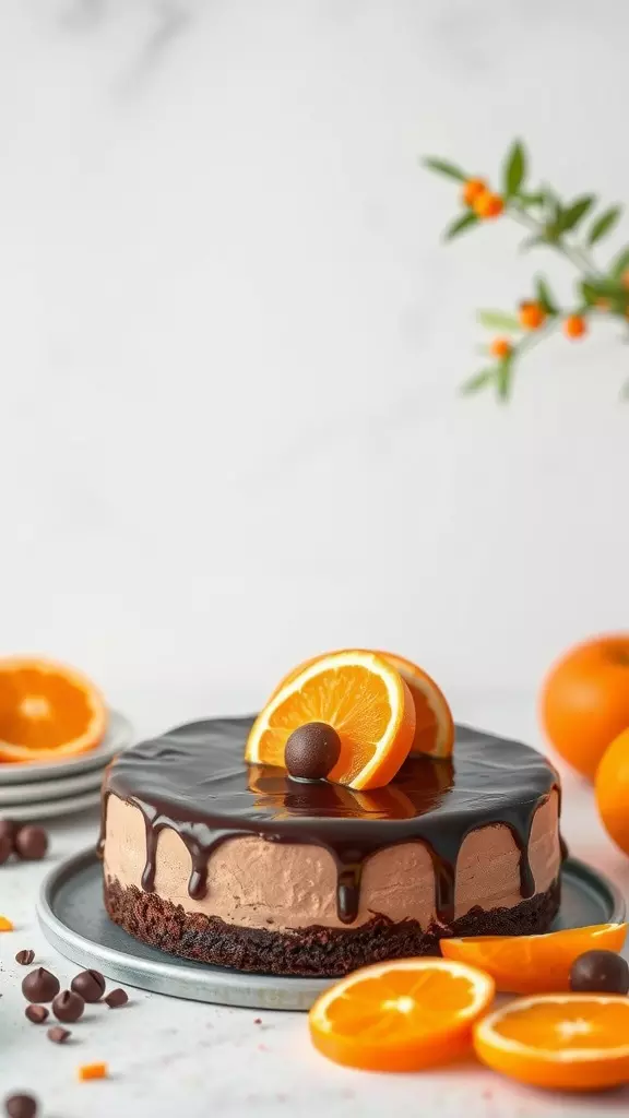 A chocolate orange cheesecake topped with orange slices and a glossy chocolate ganache.