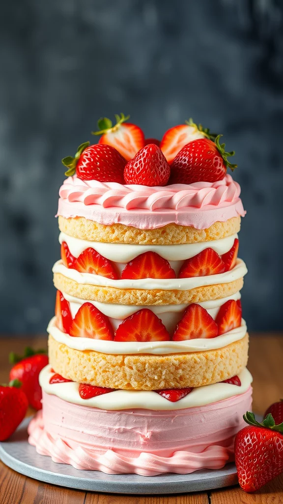 This Strawberry Cheesecake Layer Cake features soft, fluffy vanilla sponge layers complemented by rich, creamy cheesecake. It is beautifully topped with pink icing and adorned with fresh strawberries, creating a delightful combination of flavors and textures that is both decadent and refreshing.