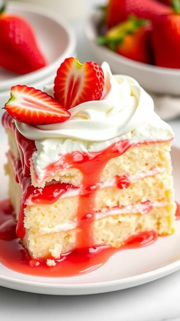 This poke cake features a soft vanilla base that soaks in a luscious strawberry syrup, creating a moist and flavorful dessert. Topped with light whipped cream and fresh strawberries, it's a delightful combination that offers a perfect balance of sweetness and freshness.