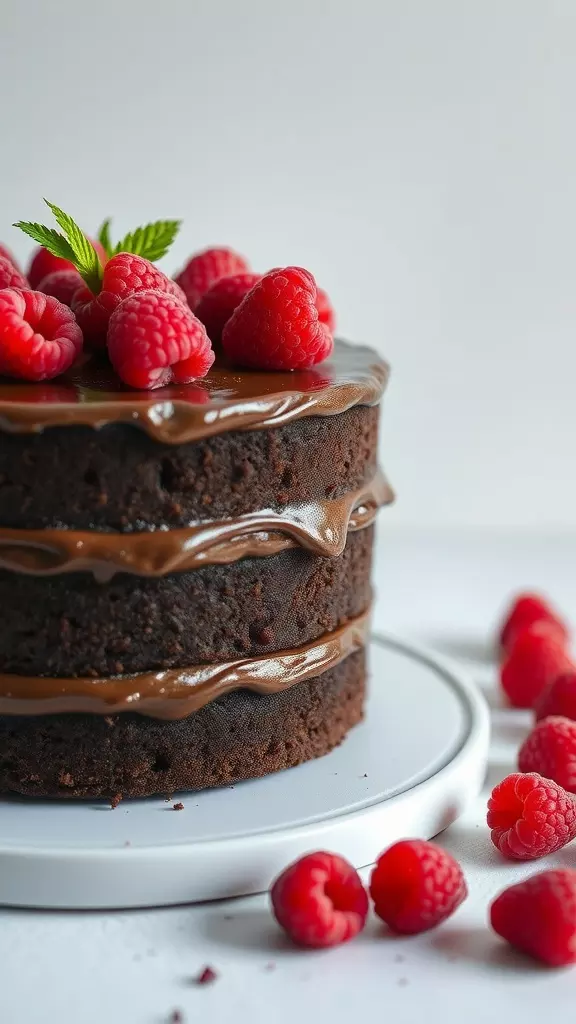 A three-layer chocolate cake topped with chocolate ganache and fresh raspberries.