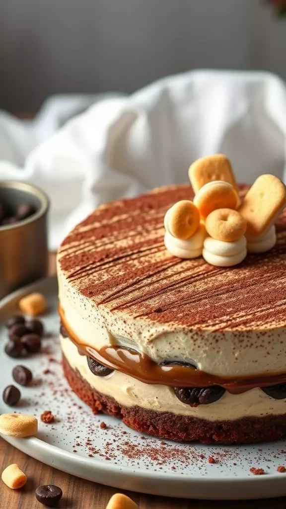 A beautifully presented tiramisu cheesecake topped with coffee beans and ladyfinger cookies.