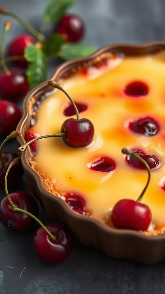 A delicious cherry clafoutis dessert with fresh cherries on top.